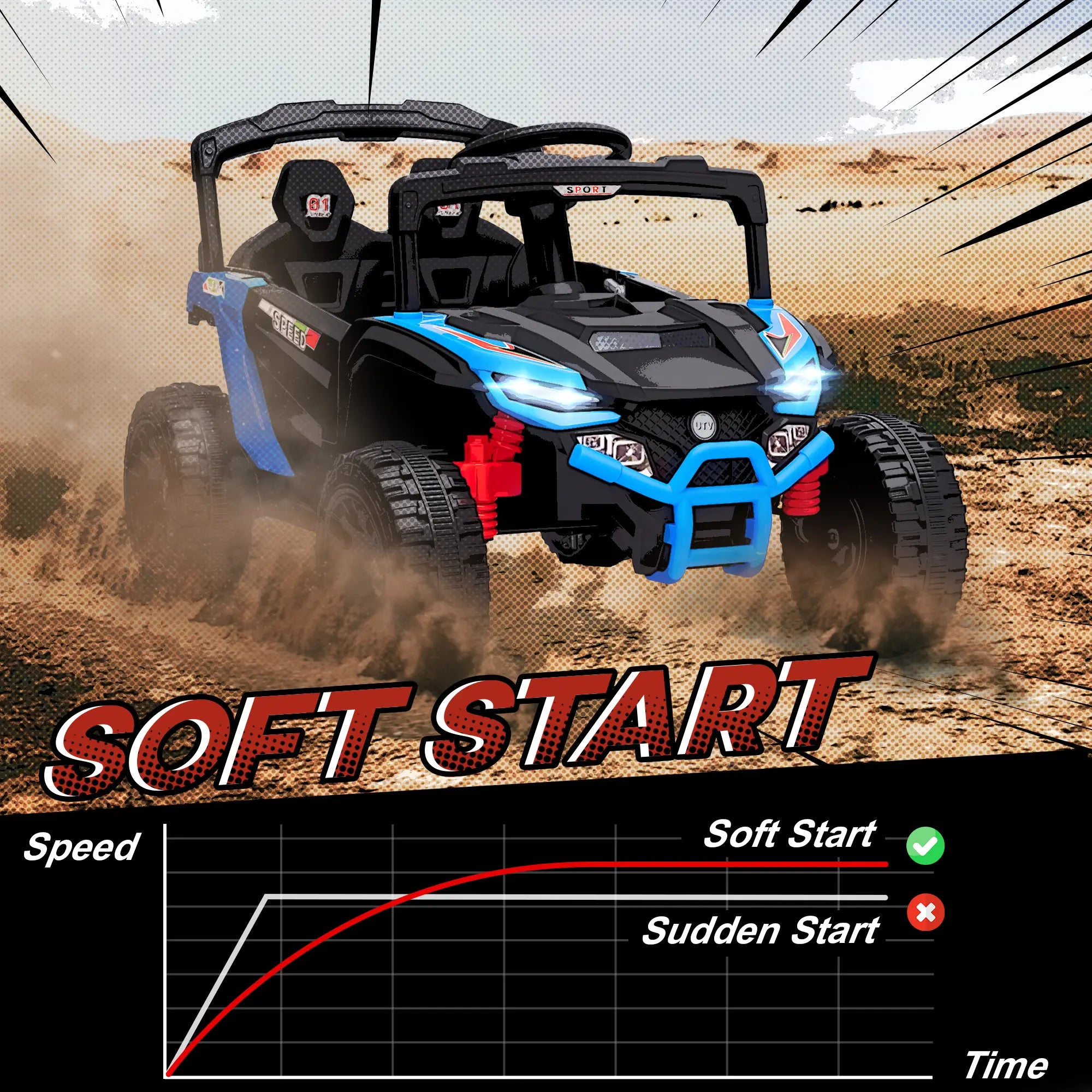 Toy off-road vehicle with 'Soft Start' feature graphic on a desert background