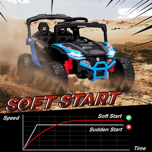Toy off-road vehicle with 'Soft Start' feature graphic on a desert background