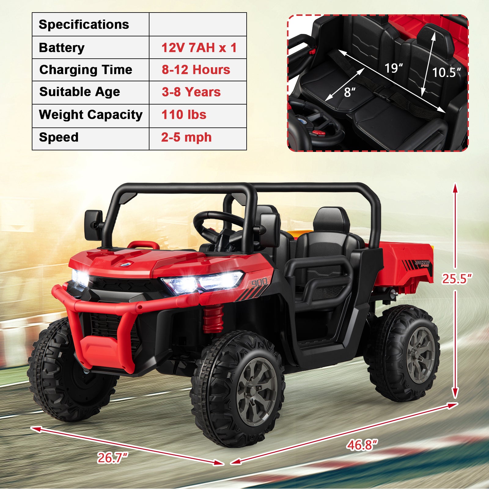 Red and black toy off-road vehicle with specifications on a blurred road background