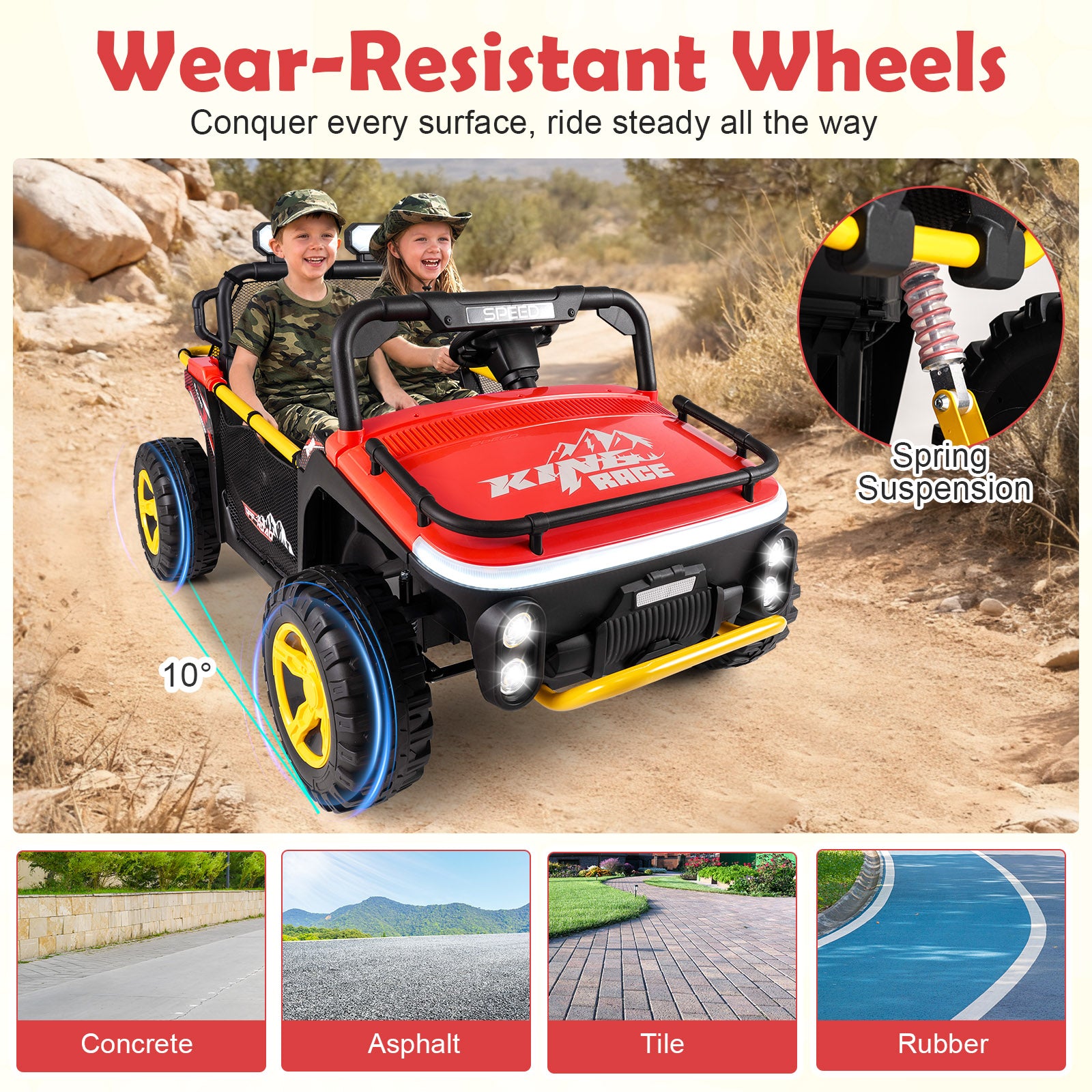 Children's off-road toy car with wear-resistant wheels and spring suspension, shown on various terrains.