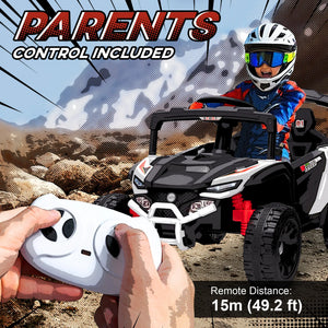 Child in a toy off-road vehicle with remote control, desert background