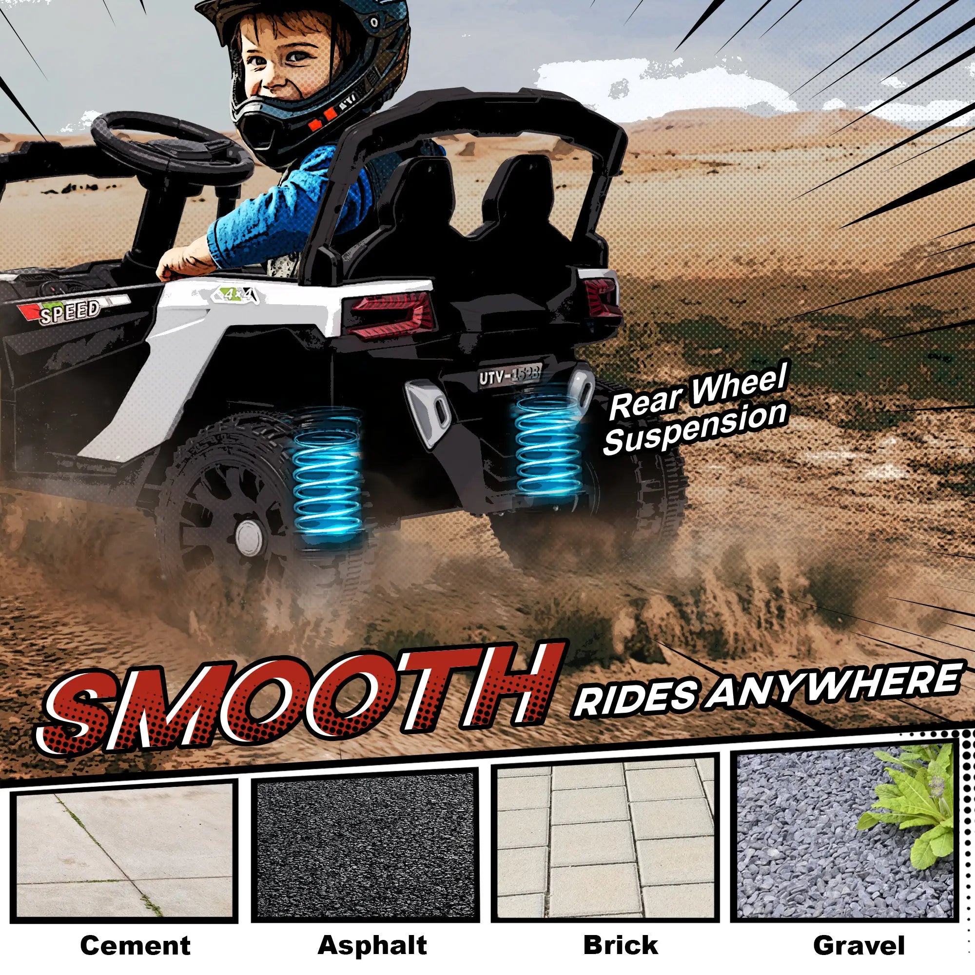 Child playing with a toy off-road vehicle on a dirt road, with text highlighting features.