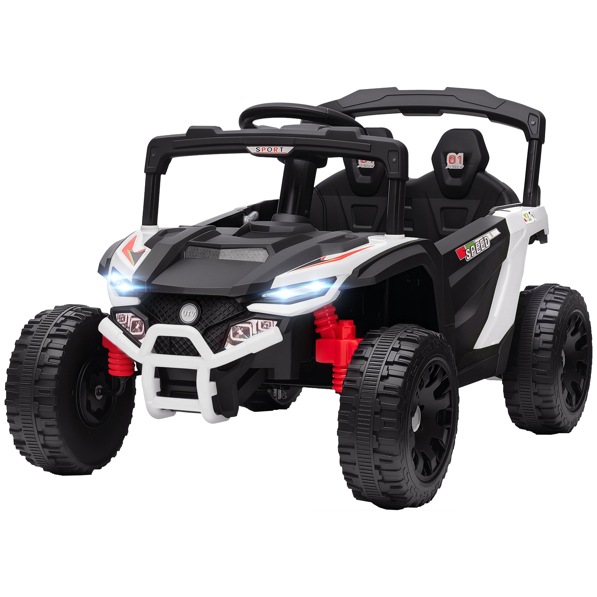 Toy off-road vehicle with black, white, and red design on a white background