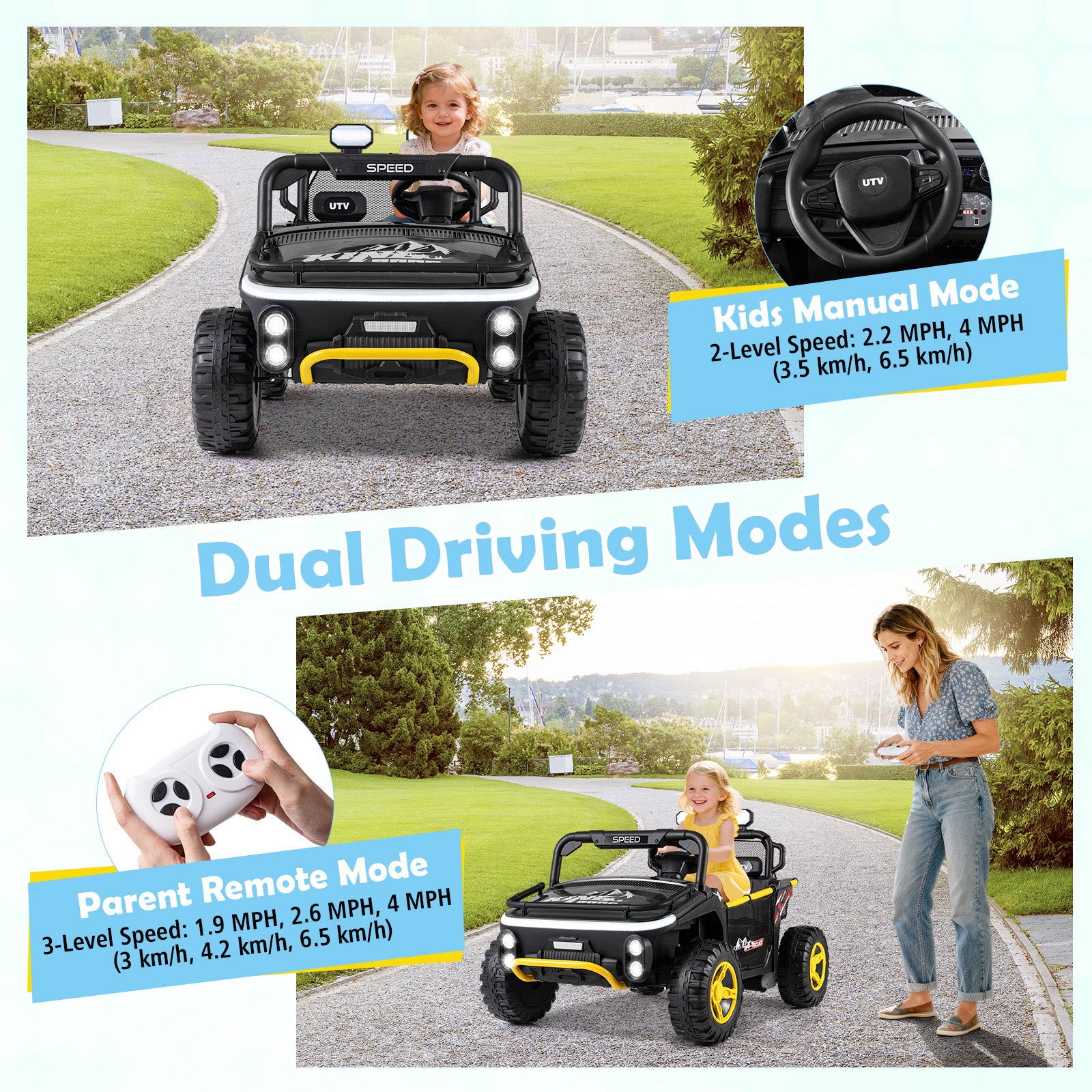 Children's electric car with dual driving modes and parental control features.