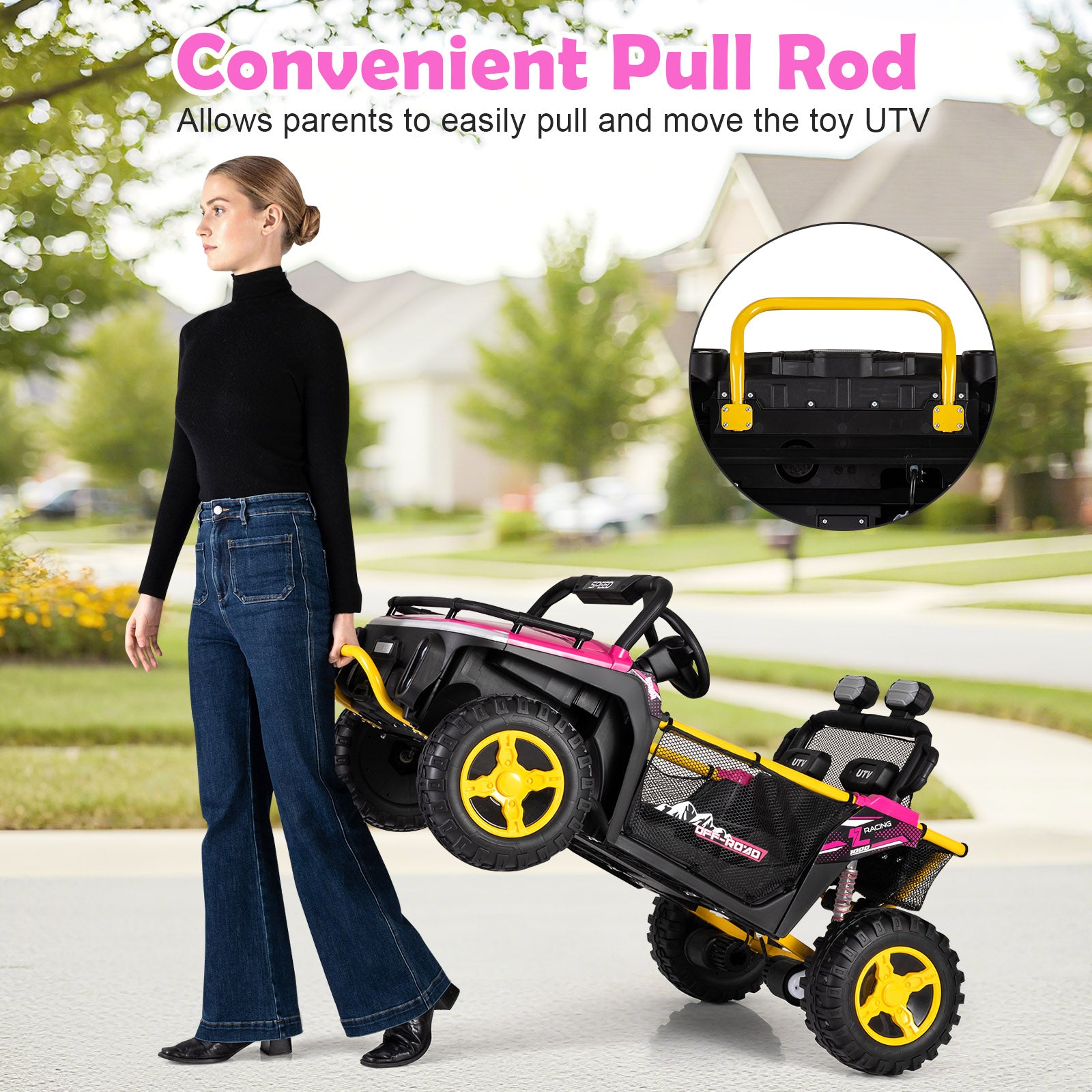 Person pushing a toy UTV with a convenient pull rod feature, set against a blurred outdoor background.