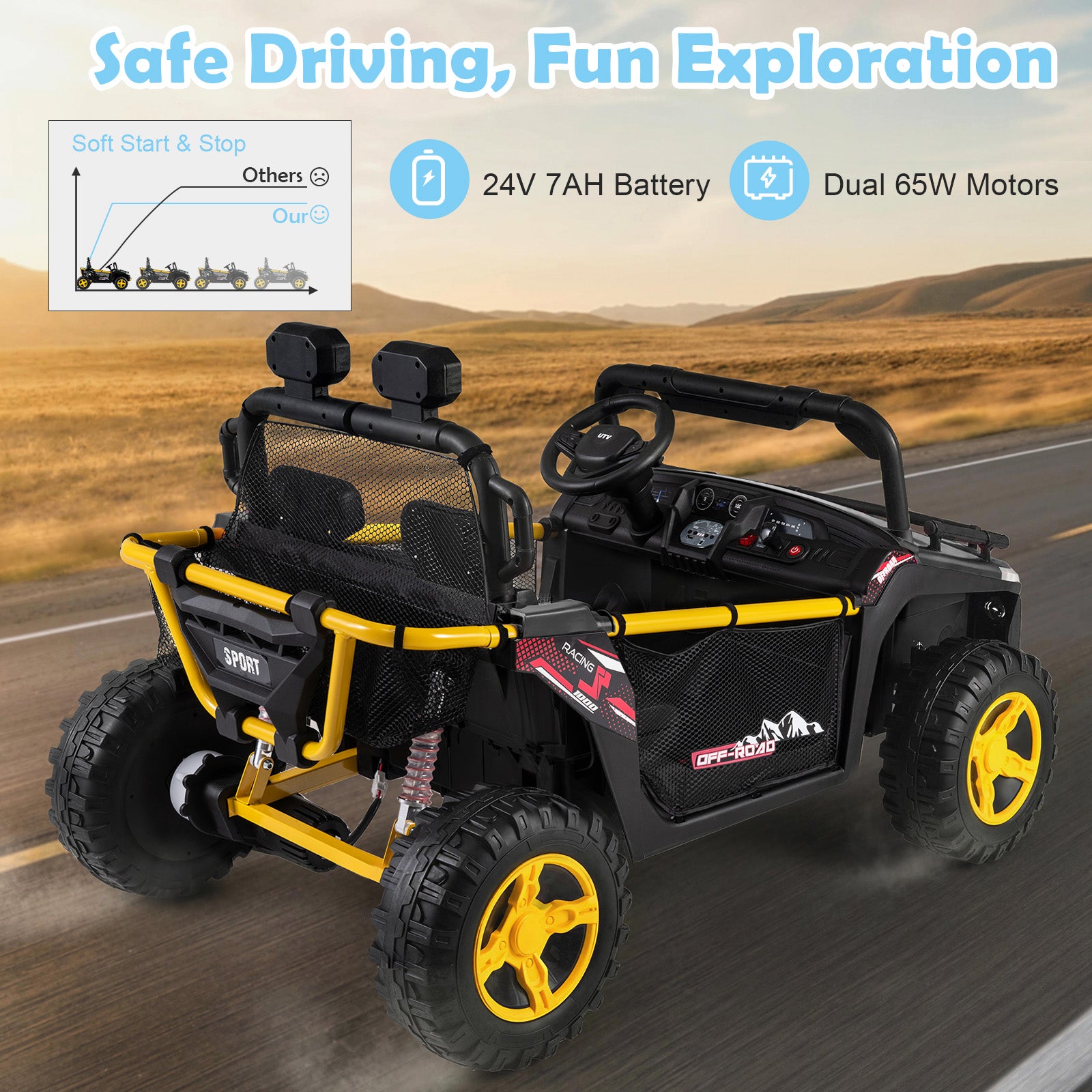 Children's off-road vehicle with yellow wheels on a road, featuring text about safe driving and fun exploration.