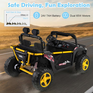 Children's off-road vehicle with yellow wheels on a road, featuring text about safe driving and fun exploration.