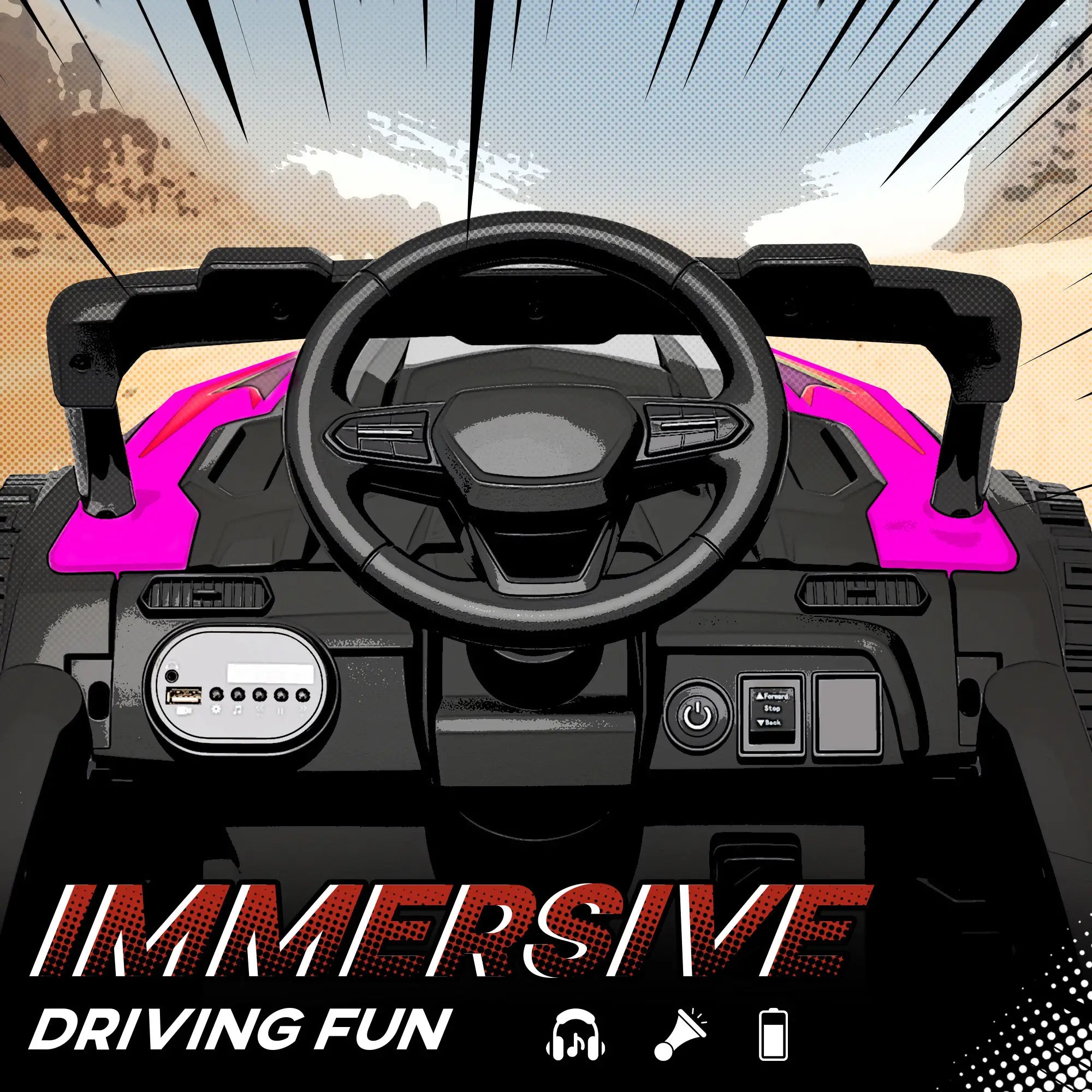 Steering wheel and dashboard of a vehicle with 'Immersive Driving Fun' text and icons.