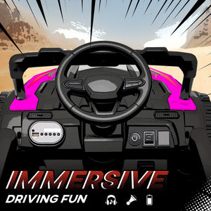 Steering wheel and dashboard of a vehicle with 'Immersive Driving Fun' text and icons.