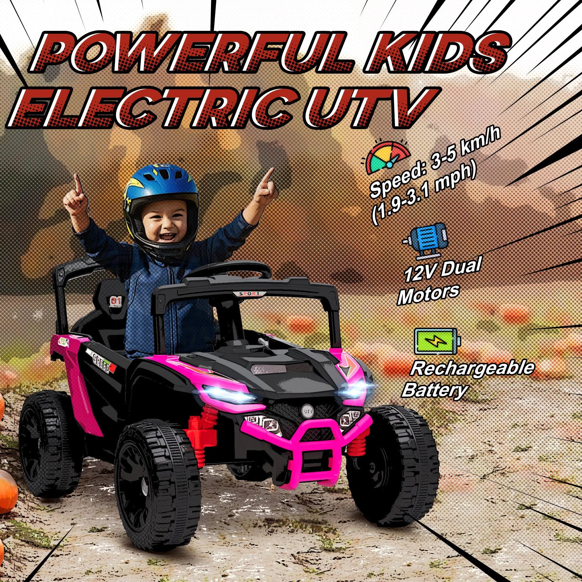 Child in an electric UTV with text highlighting features like speed, battery type, and dual motors.