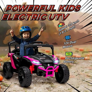 Child in an electric UTV with text highlighting features like speed, battery type, and dual motors.
