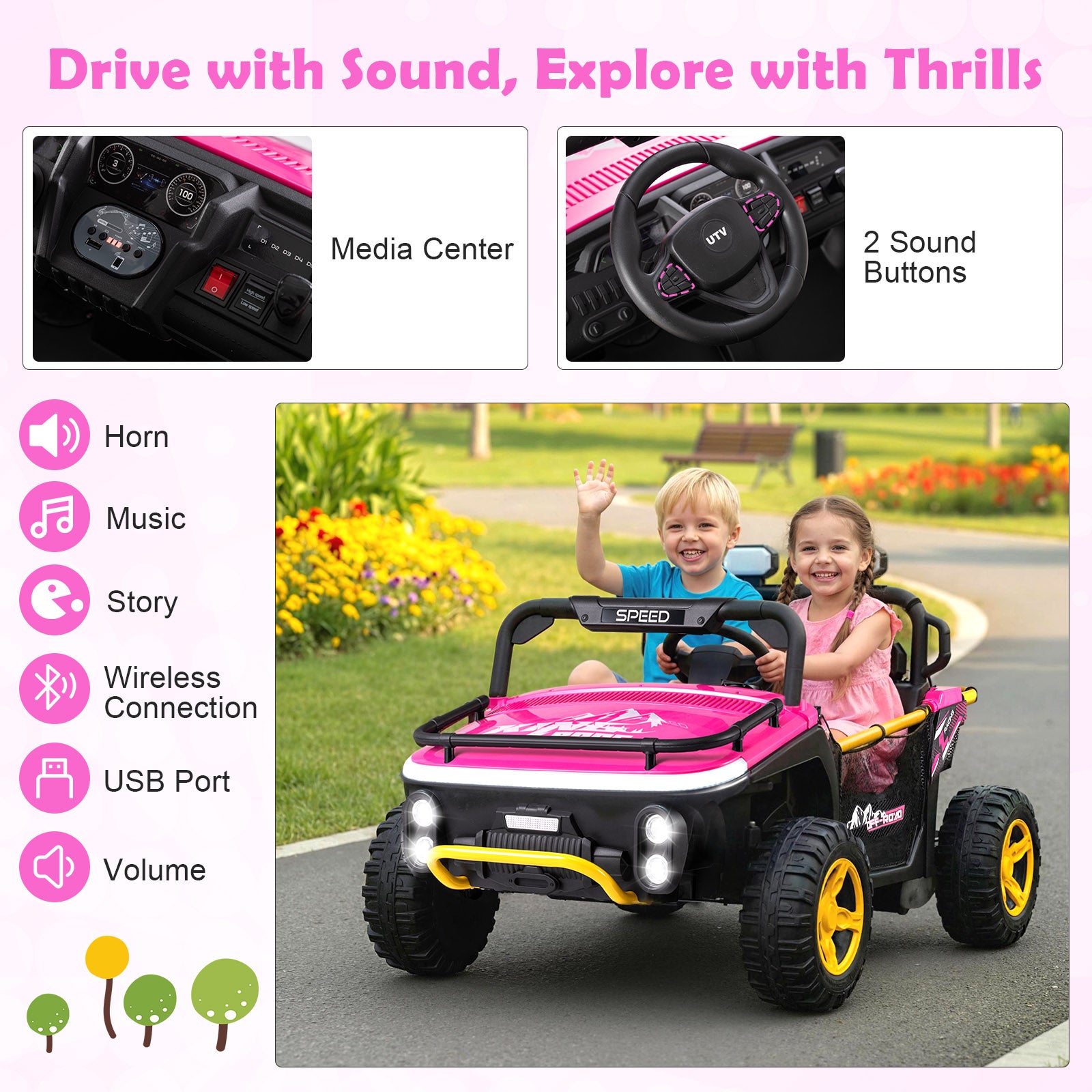 Children playing with a pink and black toy car in a park, with features listed on the left.