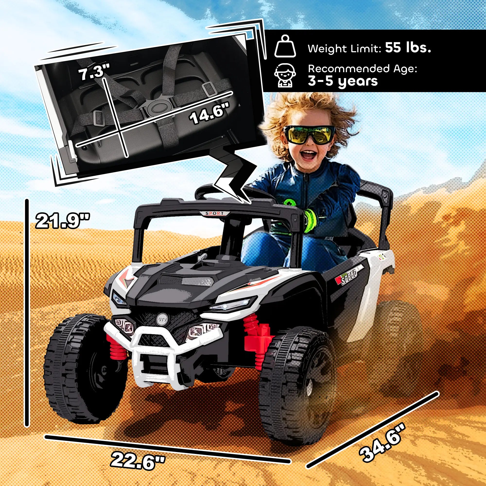 Toy off-road vehicle with child, measurements, and product details on a desert background
