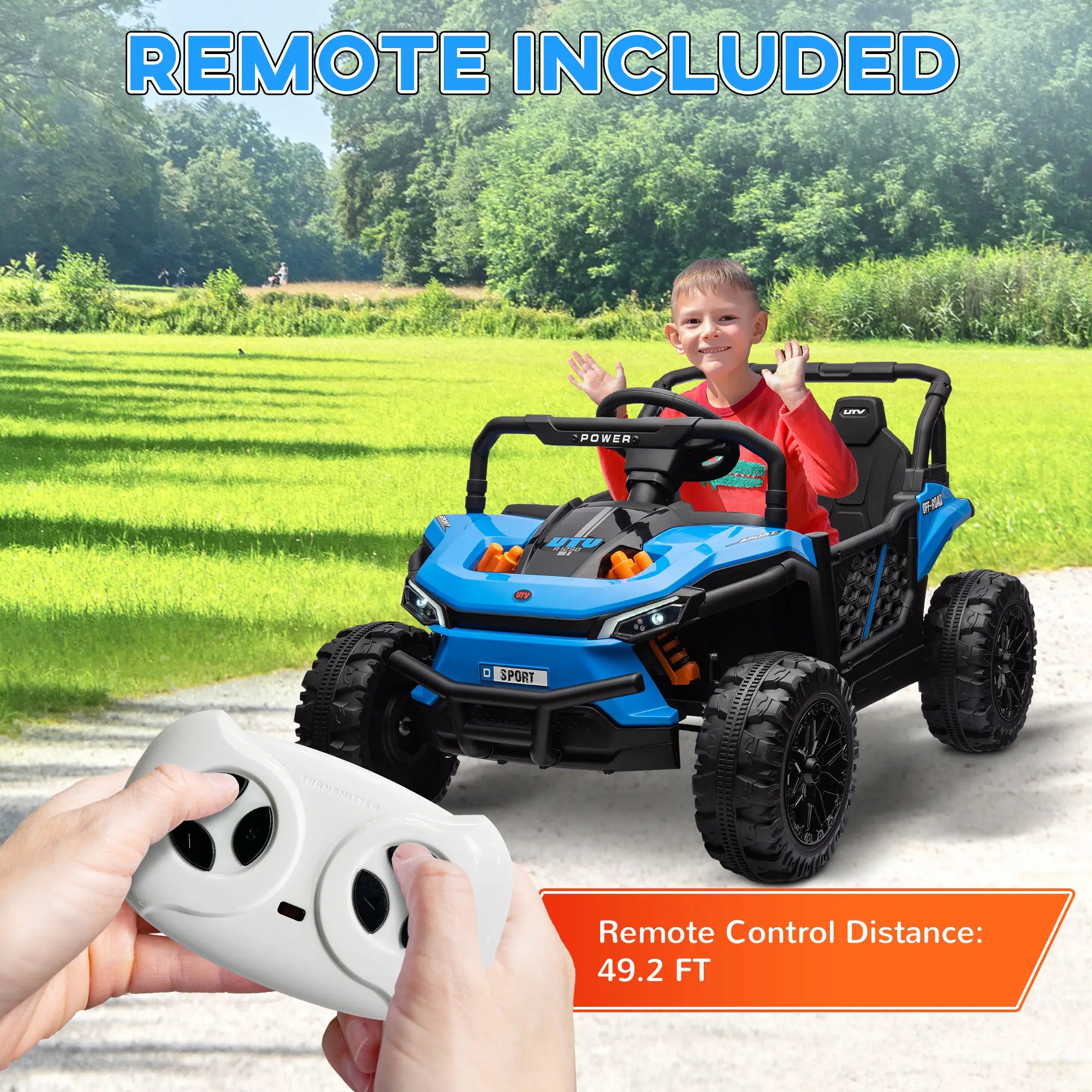 Child in a blue and black toy off-road vehicle with remote control, outdoors.