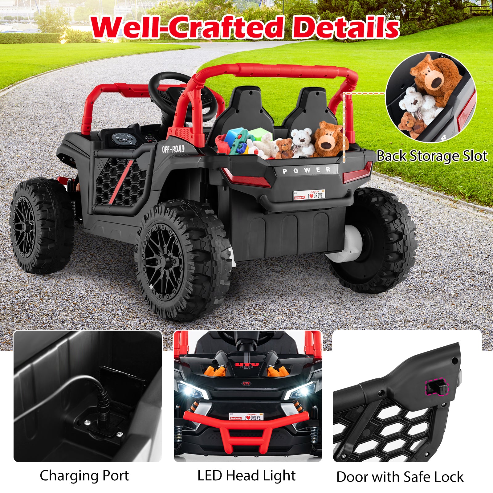Children's toy off-road vehicle with features highlighted on a road and grass background.