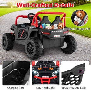 Children's toy off-road vehicle with features highlighted on a road and grass background.