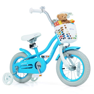 Blue children's bicycle with a basket containing a teddy bear and toys on a white background