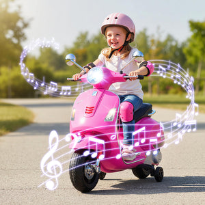 Child riding a pink toy scooter with music notes and lights on a road.