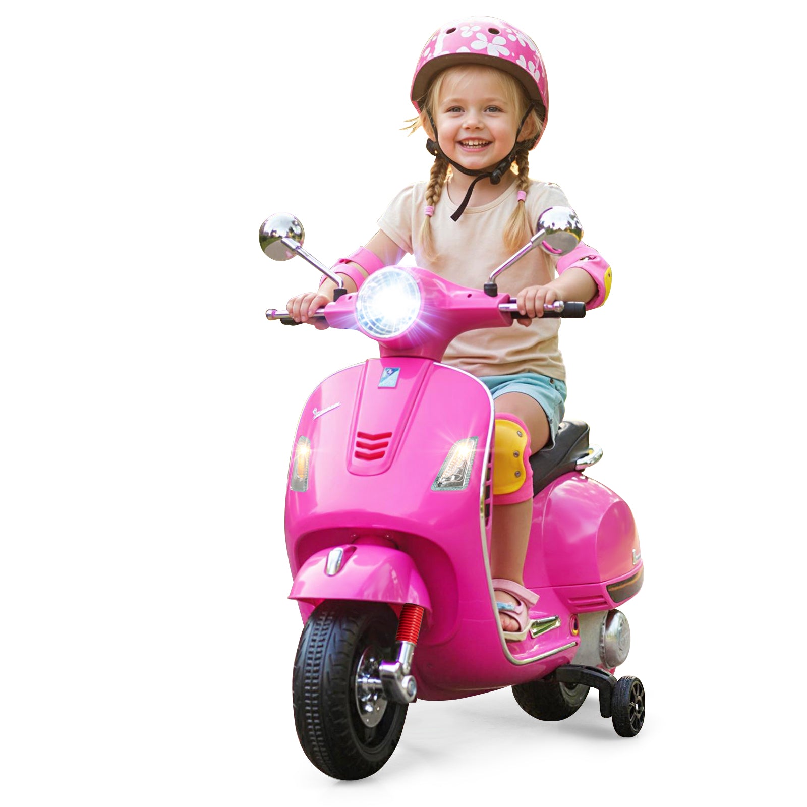 Child riding a pink toy scooter with lights on a white background