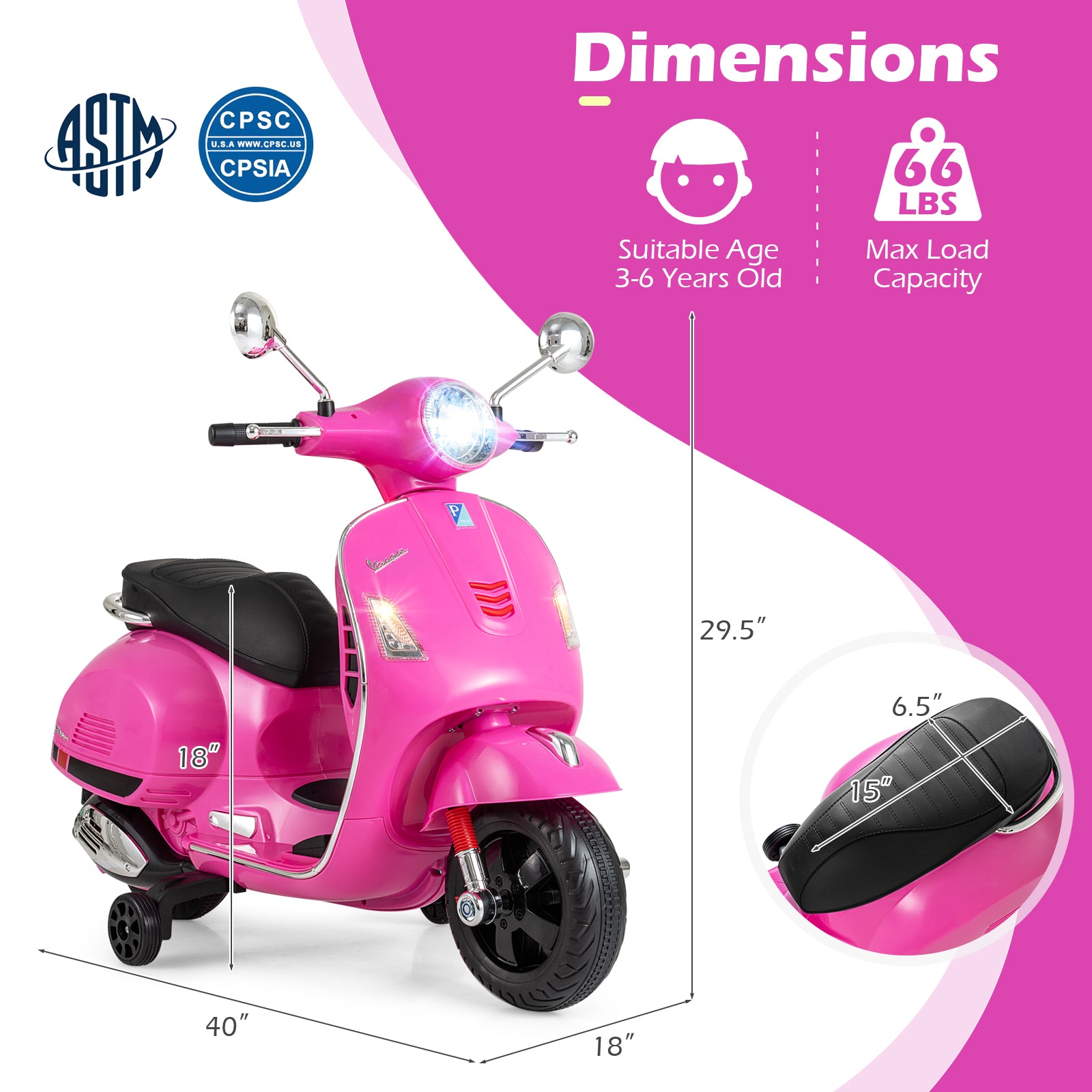 Pink toy scooter with dimensions and safety certification logos on a pink and white background