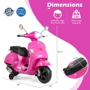 Pink toy scooter with dimensions and safety certification logos on a pink and white background