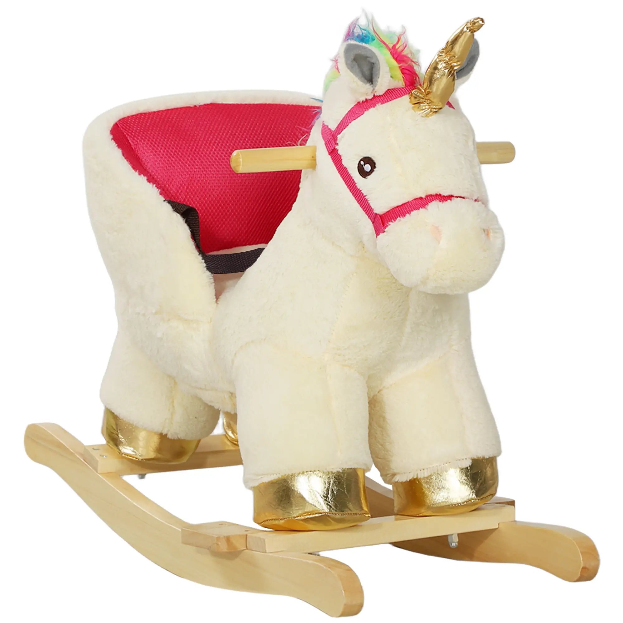 Plush rocking unicorn with gold hooves and a rainbow horn on a white background