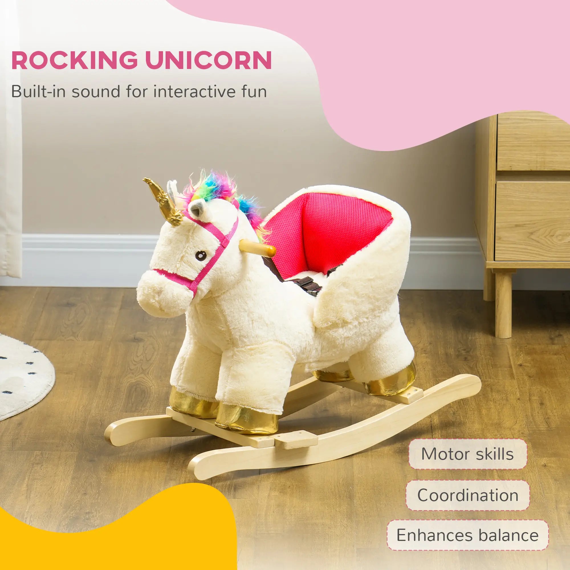 Rocking unicorn toy with colorful mane on a wooden floor, featuring text about its features.