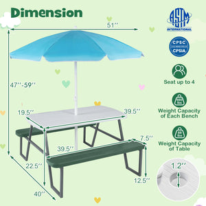 Picnic table with umbrella and bench dimensions on a green background