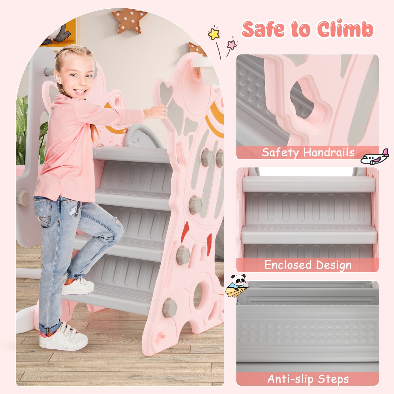 Child climbing a pink and gray play structure with safety features highlighted.