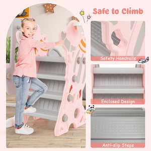 Child climbing a pink and gray play structure with safety features highlighted.
