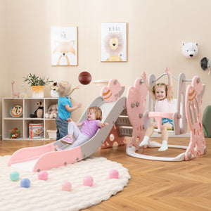 Children playing with a pink play set in a room with wooden flooring and shelves.