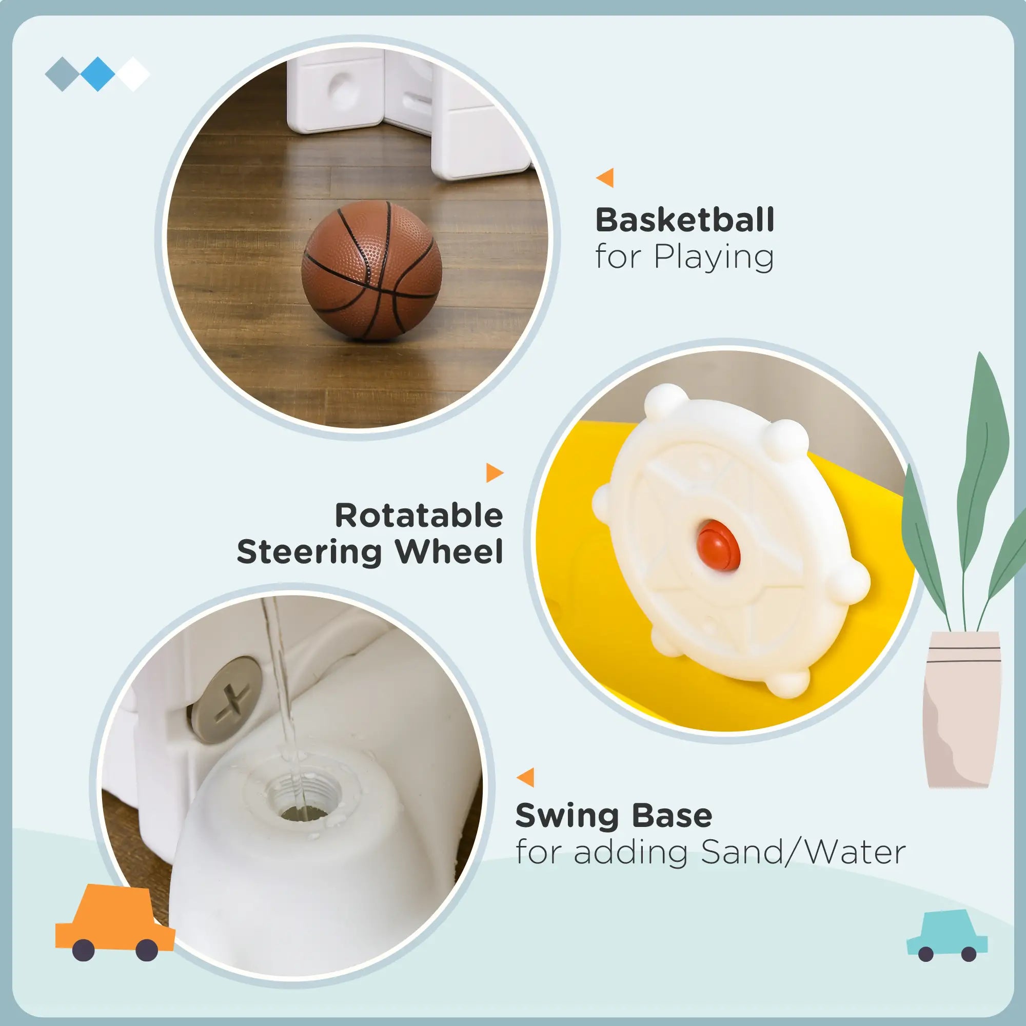 Product features including a basketball, rotatable steering wheel, and swing base on a light blue background.