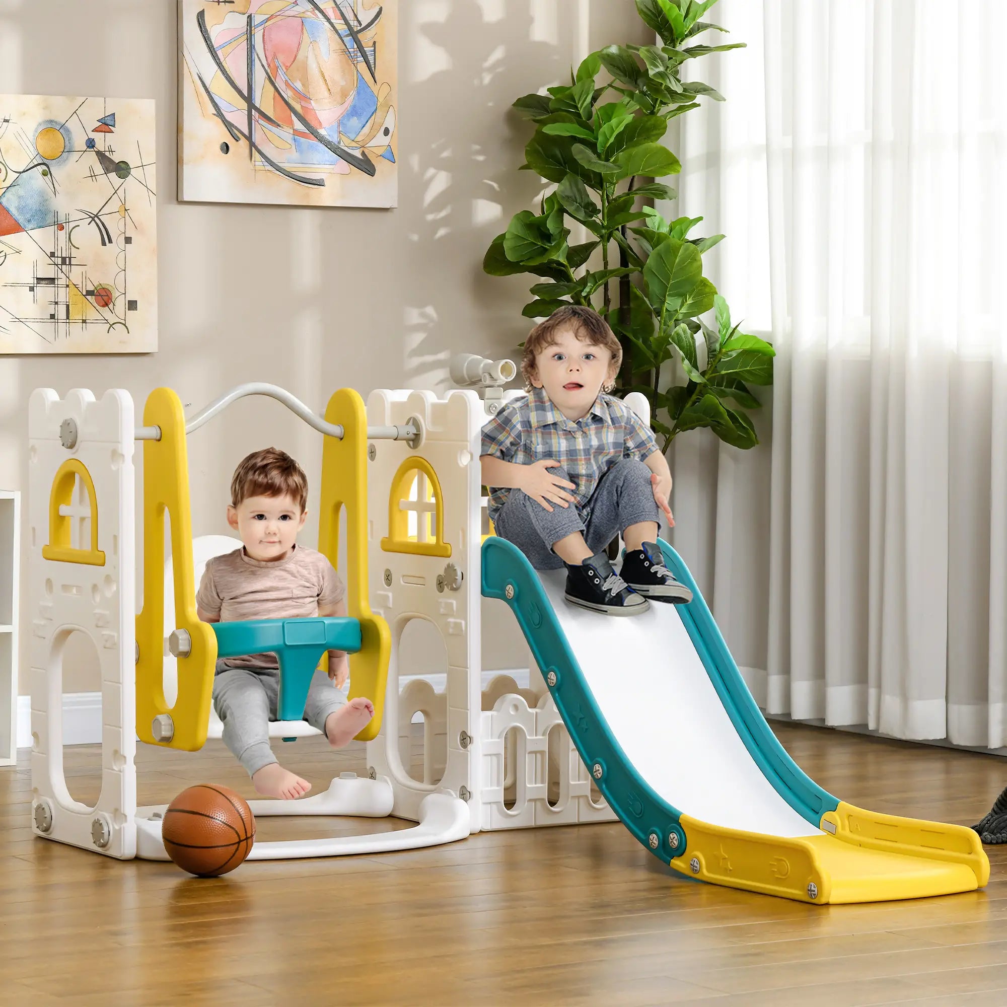 Children playing on a colorful indoor play set with a slide and swing in a home setting.