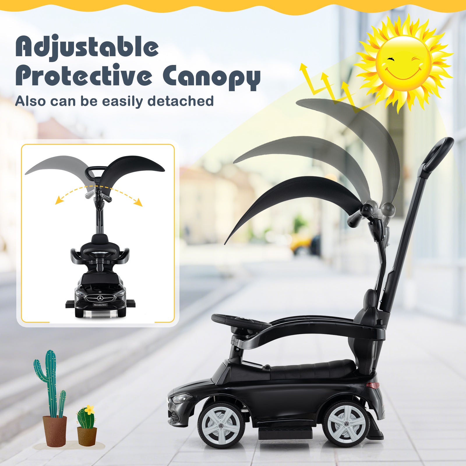 Black scooter with adjustable protective canopy on a blurred indoor background