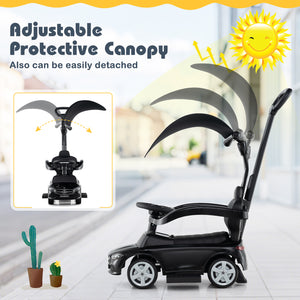 Black scooter with adjustable protective canopy on a blurred indoor background