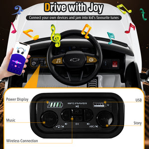 Children's toy car with steering wheel, dashboard, and control panel, featuring a smartphone app interface.