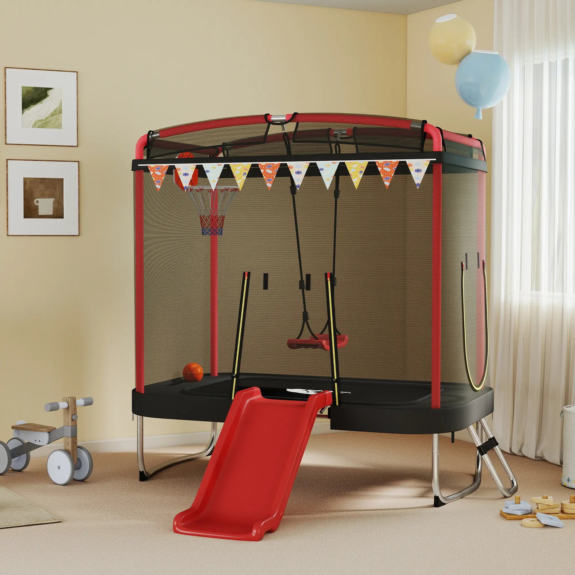 Children's play area with trampoline, swing set, and slide in a room.