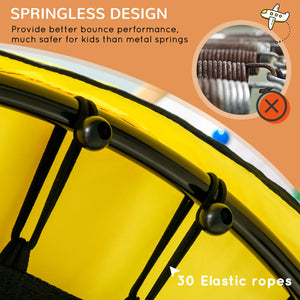 Yellow trampoline with springless design featuring 30 elastic ropes on an orange background.