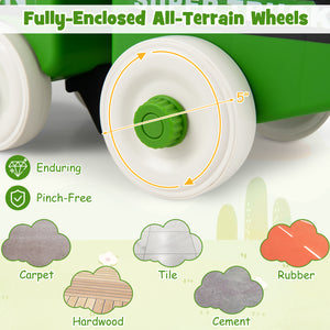 Close-up of a wheel with text about fully-enclosed all-terrain wheels and durability features.
