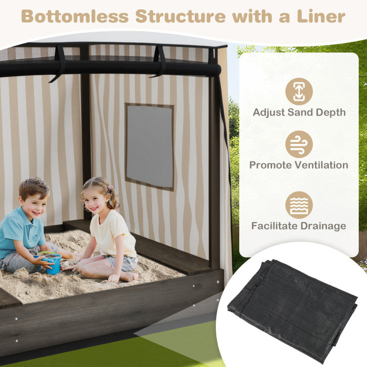 Sandbox with canopy and drainage for easy maintenance