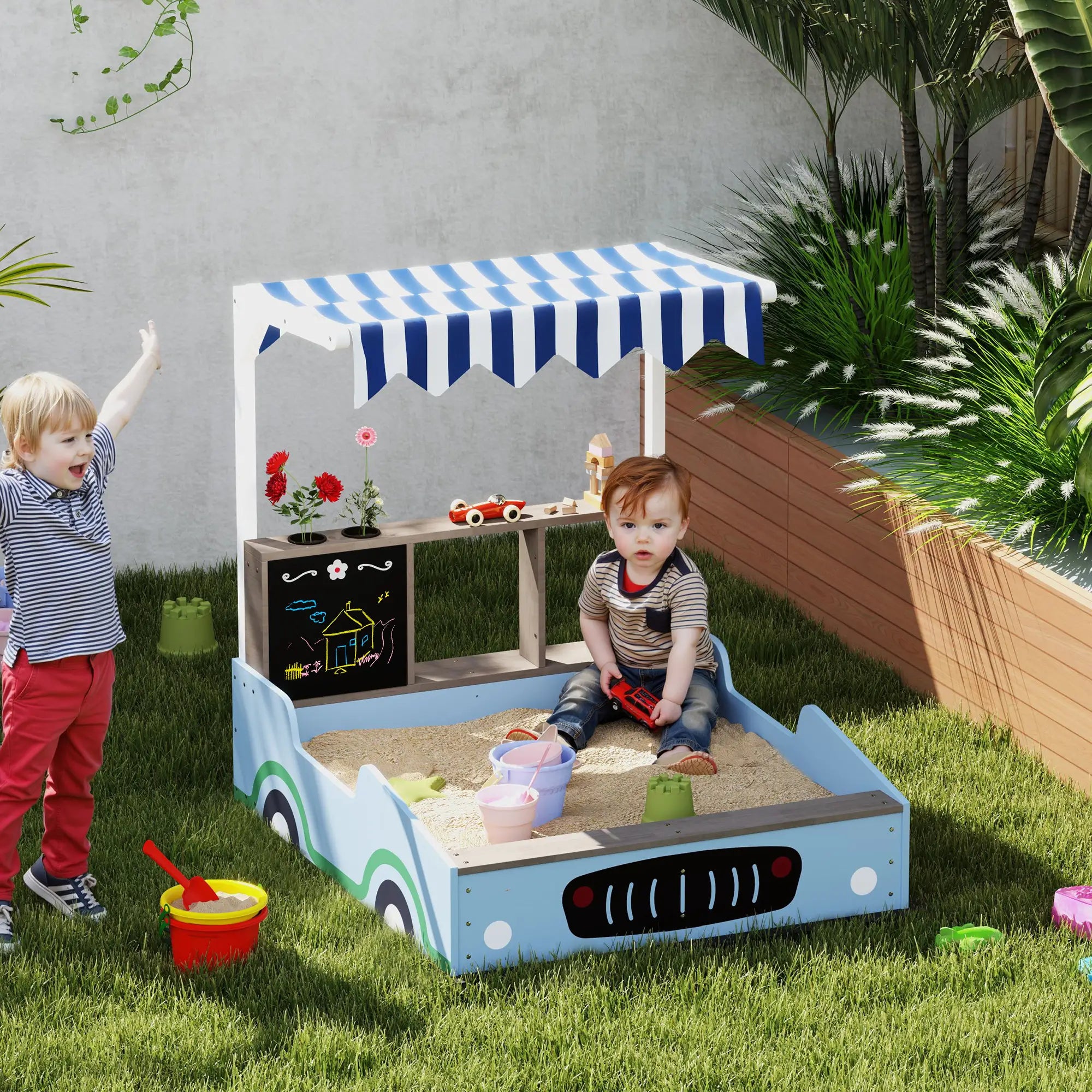  sandbox with canopy for toddlers in backyard