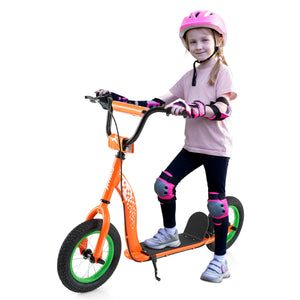 Child with an orange scooter wearing protective gear on a white background