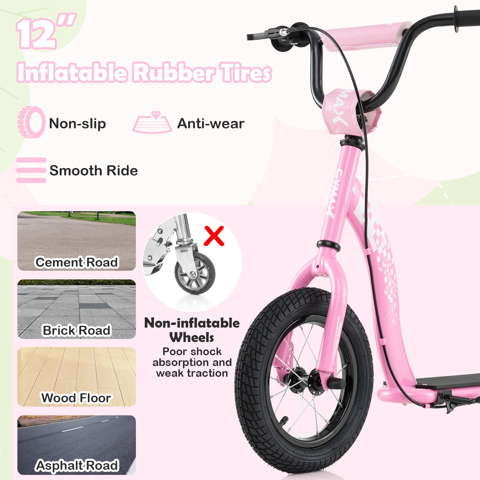 Pink balance bike with inflatable rubber tires on a white background
