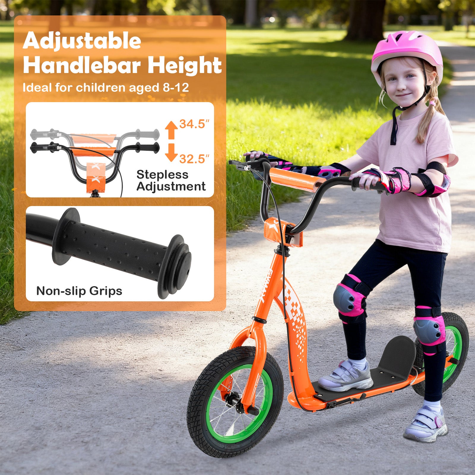 Child on an orange scooter with adjustable handlebar height features highlighted
