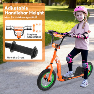 Child on an orange scooter with adjustable handlebar height features highlighted