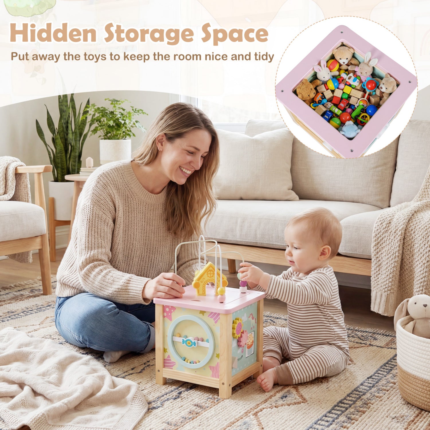 Wooden sensory play cube with rotating gears and interactive puzzles