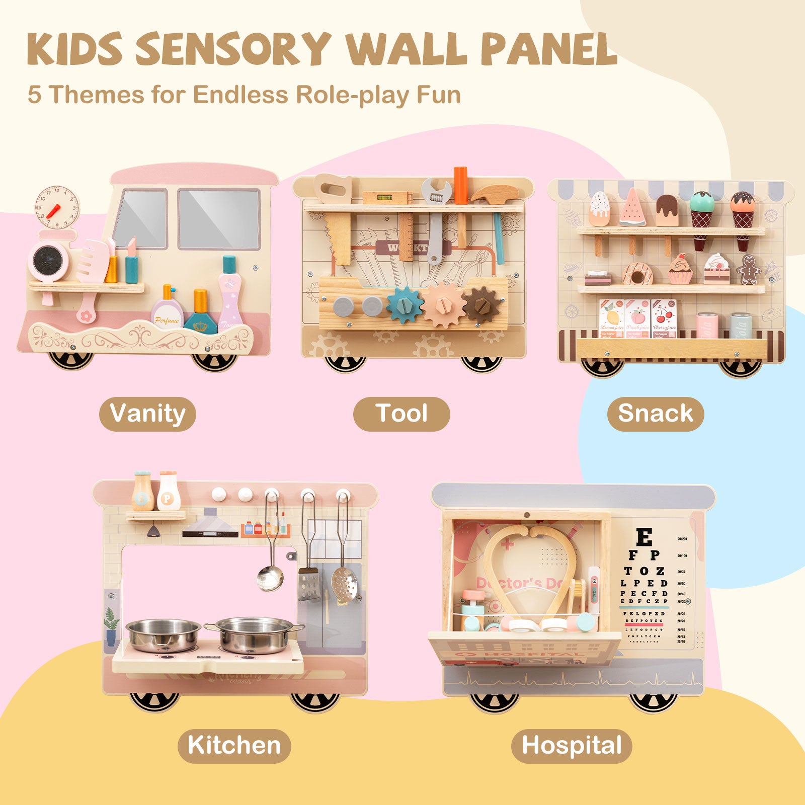 Wall-mounted activity train with multiple role play stations
