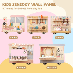 Wall-mounted activity train with multiple role play stations