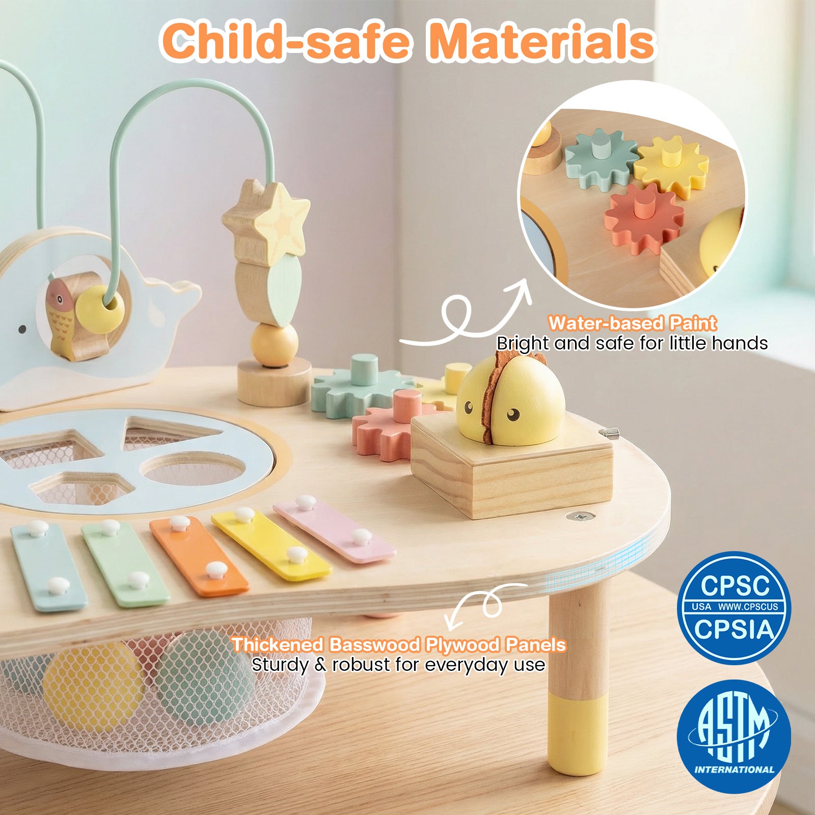 Activity table with colorful shape sorter for toddler fine motor development