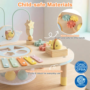 Activity table with colorful shape sorter for toddler fine motor development